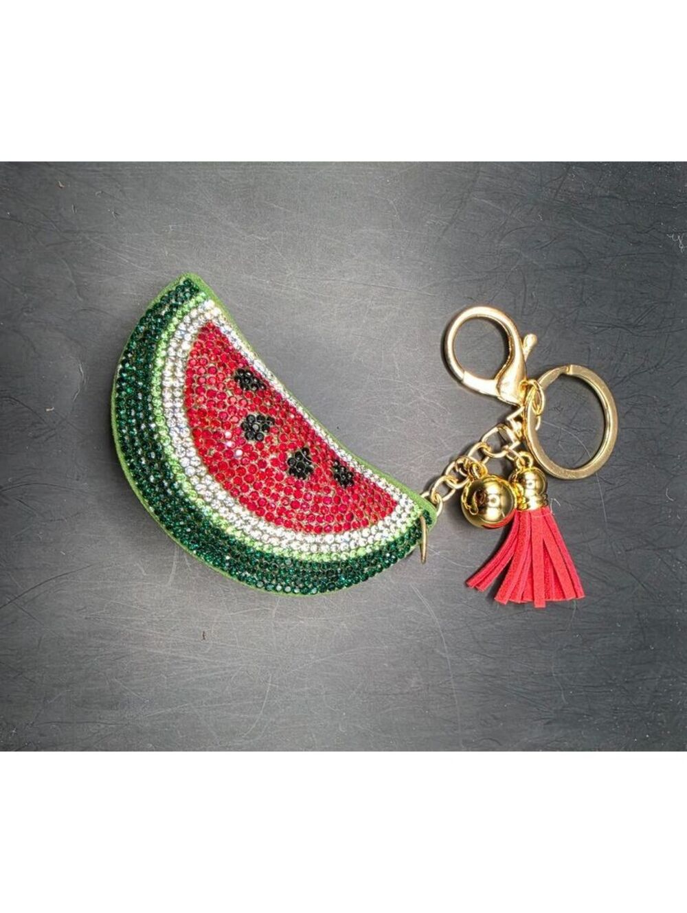 Watermelon Slice Rhinestone Keychain with Tassel Charm